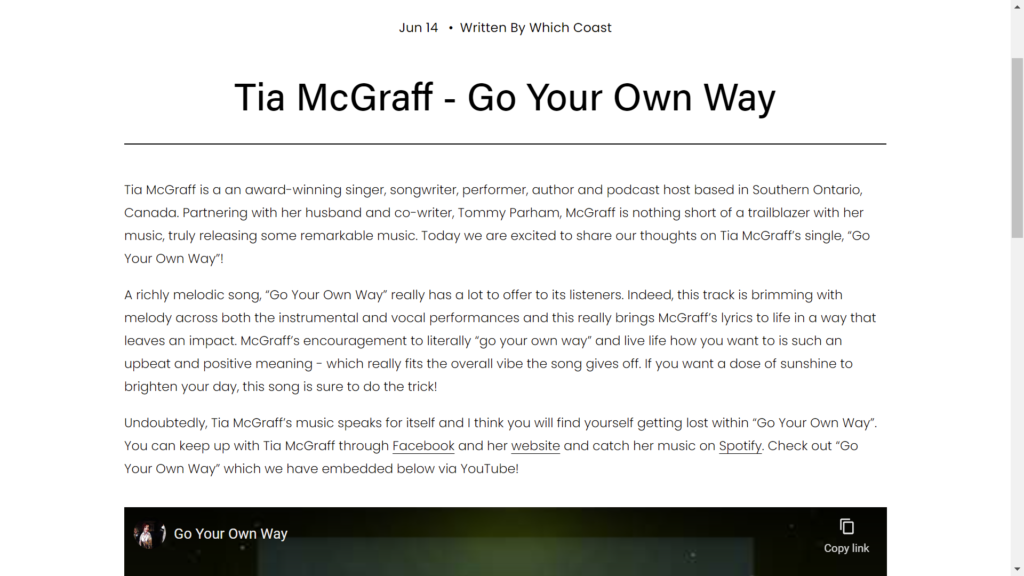 Pantai Yang Mengulas “Go Your Own Way” Tia McGraff